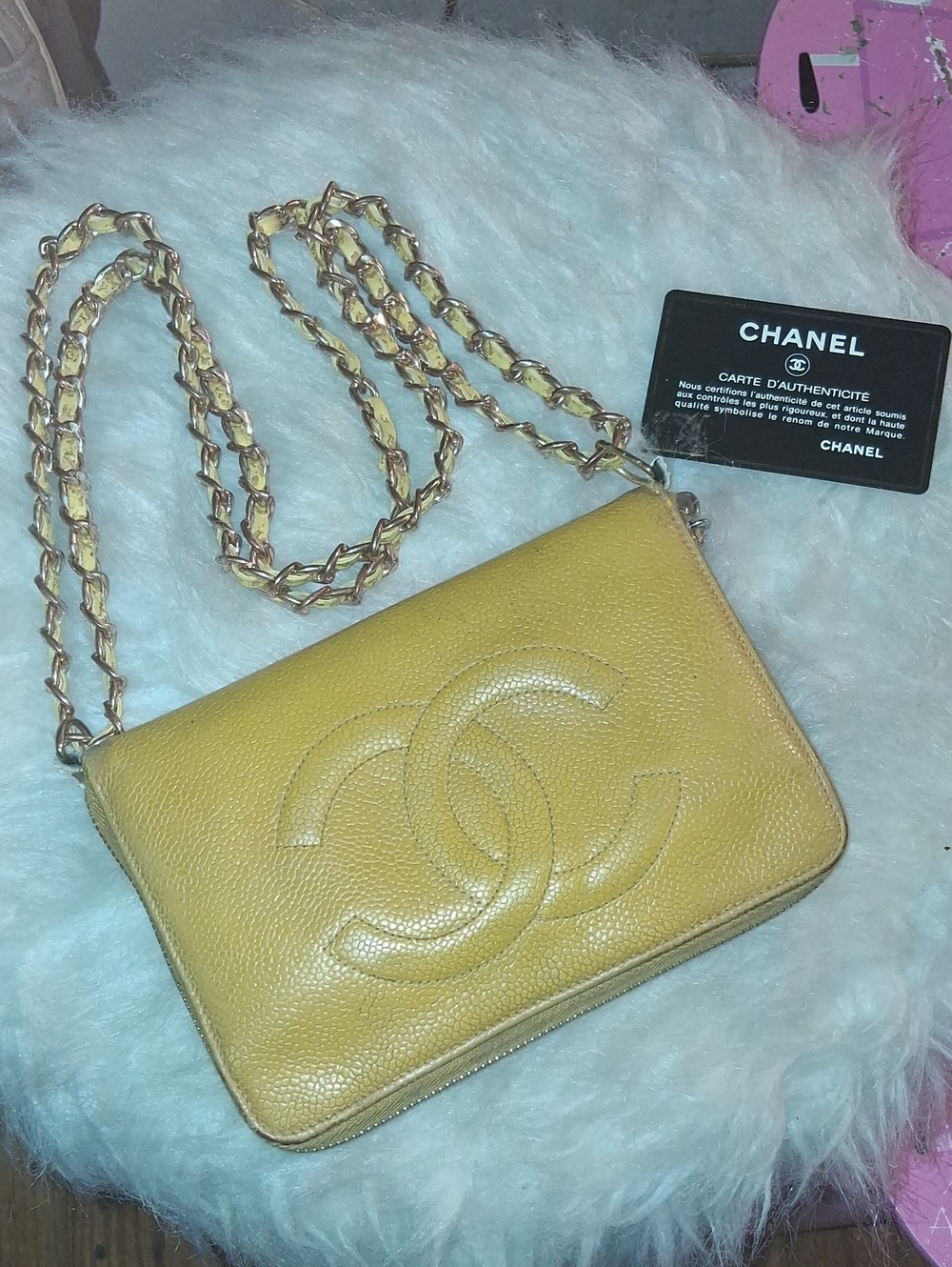 SALE 🔥AUTHENTIC CHANEL VINTAGE YELLOW CAVIAR LEATHER TIMELESS WALLET CROSSBODY